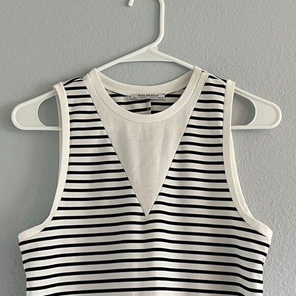 Zara Black and White Stripe Crew Neck Sleeveless Mini Shift Dress Preppy Size S - Picture 3 of 8